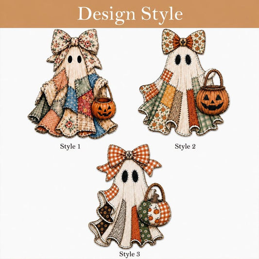 Patchwork Ghost Halloween Door Hanger, Personalized Floral Bow Ghost Wood Sign, Pumpkin Trick or Treat Door Decor, Rustic Fall Porch Sign