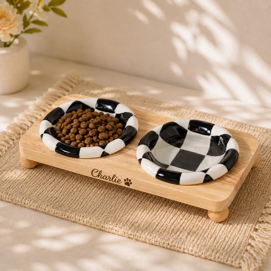 Chessboard Design Pet Bowl Set, Personalized New Puppy Feed Set, Home Decor for Pet, Unique Pet Feeding, for Pet Owner, Pet Birthday Gift