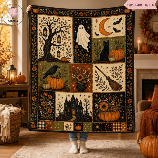 Vintage Halloween Blanket, Ghost Pumpkin Black Cat Throw, Haunted House Witch Broom Fall Decor, Gothic Cottagecore Autumn Gift