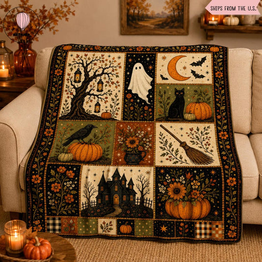 Vintage Halloween Blanket, Ghost Pumpkin Black Cat Throw, Haunted House Witch Broom Fall Decor, Gothic Cottagecore Autumn Gift