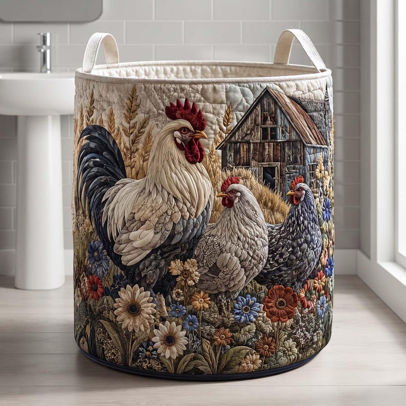 Rustic Farmhouse Rooster Quilted Laundry Basket: Country Barn Hen Storage Bin, Vintage Farmyard Fabric Hamper
