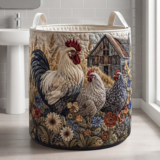 Rustic Farmhouse Rooster Quilted Laundry Basket: Country Barn Hen Storage Bin, Vintage Farmyard Fabric Hamper