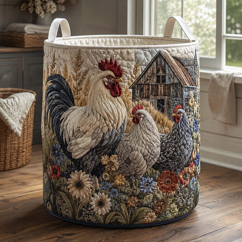 Rustic Farmhouse Rooster Quilted Laundry Basket: Country Barn Hen Storage Bin, Vintage Farmyard Fabric Hamper