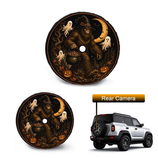 Halloween Bigfoot Spare Tire Cover with Witch, Ghosts, Pumpkins and Optional Camera Hole