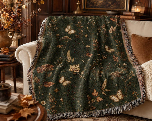 Vintage Botanical Woven Blanket Dark Green Butterfly Throw Autumn Cottagecore Decor Floral Tapestry Earth Tones Cozy Fall Home Gift
