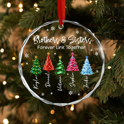 Personalized Brother & Sisters Siblings Christmas Tree Circle Glass Ornament