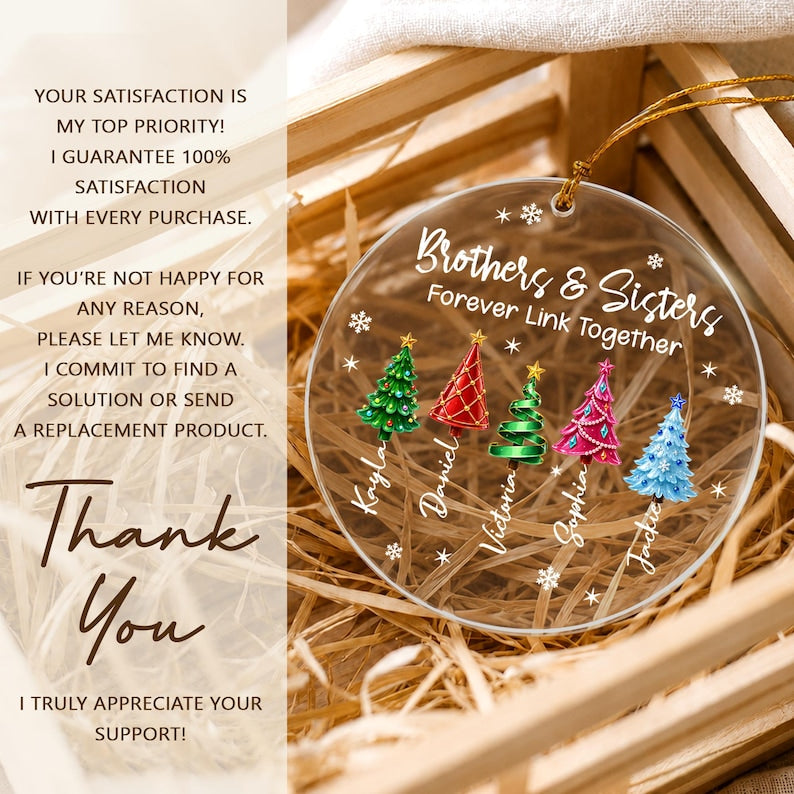 Personalized Brother & Sisters Siblings Christmas Tree Circle Glass Ornament