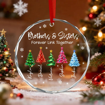 Personalized Brother & Sisters Siblings Christmas Tree Circle Glass Ornament