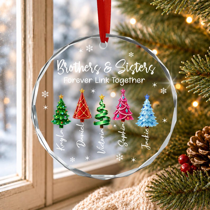 Personalized Brother & Sisters Siblings Christmas Tree Circle Glass Ornament