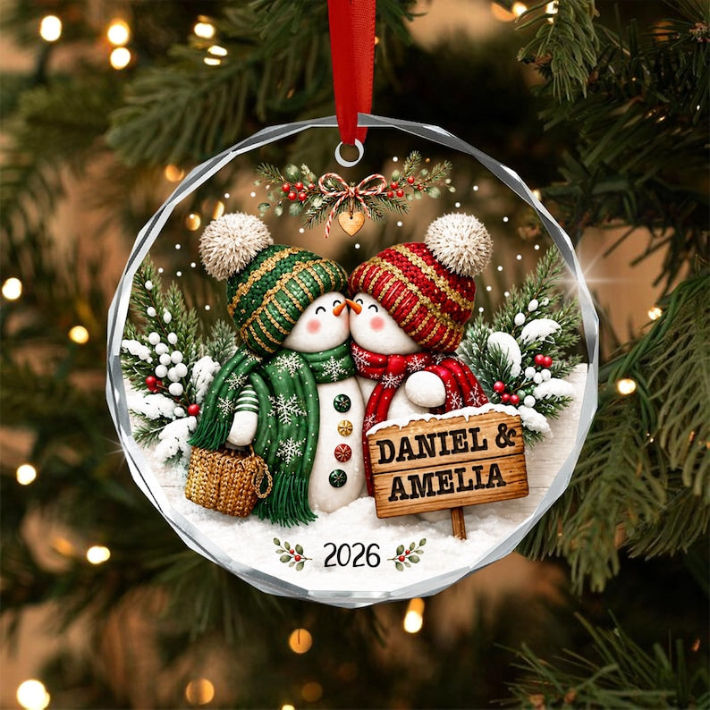 Personalized Couple Christmas Glass Ornament, Snowman Kissing Keepsake