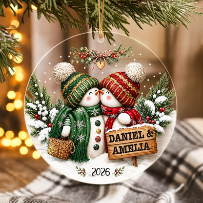 Personalized Couple Christmas Glass Ornament, Snowman Kissing Keepsake