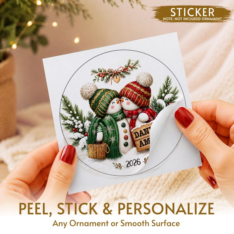 Personalized Couple Christmas Glass Ornament, Snowman Kissing Keepsake