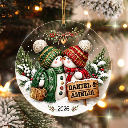 Personalized Couple Christmas Glass Ornament, Snowman Kissing Keepsake
