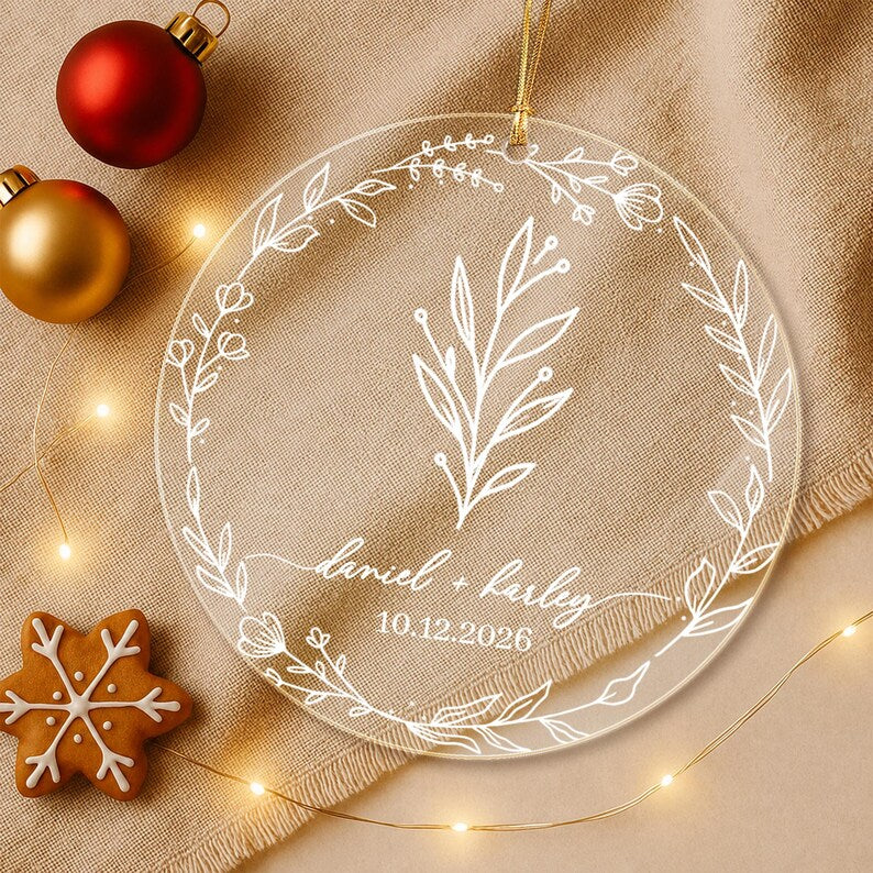 Personalized Christmas Together Keepsake Minialist Floral Circle Glass Ornament