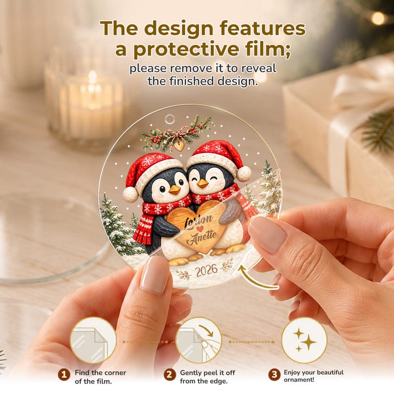 Personalized Christmas Together Keepsake, Custom Penguin Couple Name Circle Glass Ornament