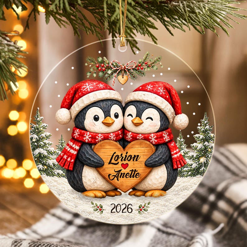 Personalized Christmas Together Keepsake, Custom Penguin Couple Name Circle Glass Ornament