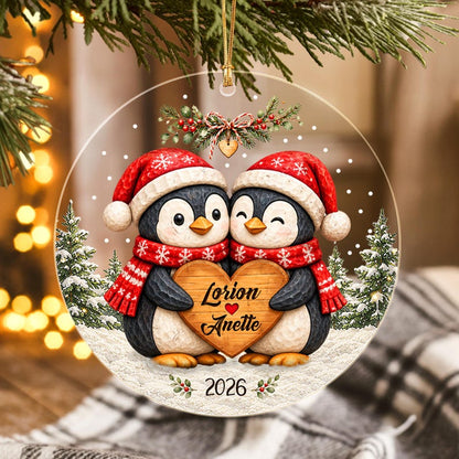 Personalized Christmas Together Keepsake, Custom Penguin Couple Name Circle Glass Ornament