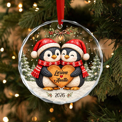 Personalized Christmas Together Keepsake, Custom Penguin Couple Name Circle Glass Ornament