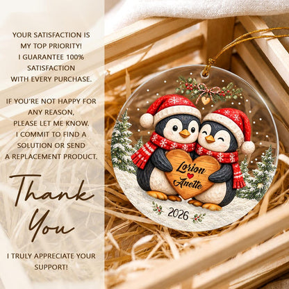 Personalized Christmas Together Keepsake, Custom Penguin Couple Name Circle Glass Ornament