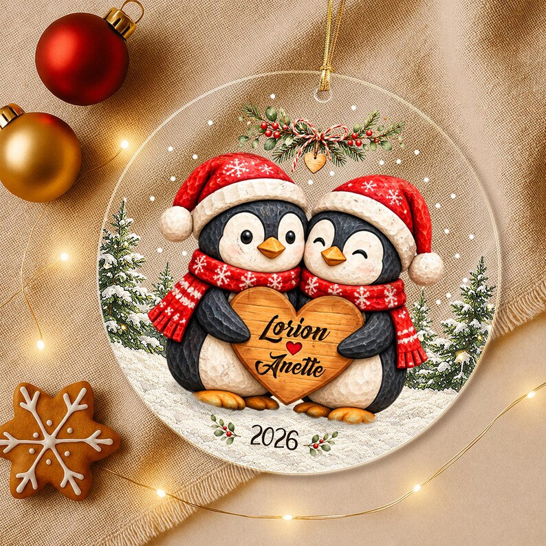 Personalized Christmas Together Keepsake, Custom Penguin Couple Name Circle Glass Ornament