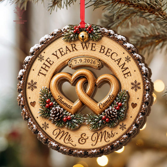 Custom Couple Wedding Anniversary 2Layer Wooden Ornament, First Christmas Wood Ornament, The Year We Became Mr Mrs Ornament, Wedding Gift