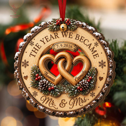 Custom Couple Wedding Anniversary 2Layer Wooden Ornament, First Christmas Wood Ornament, The Year We Became Mr Mrs Ornament, Wedding Gift