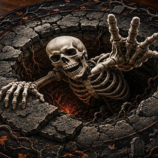 Halloween Round Quilted Rug, 3D Skeleton Illusion Rug, Spooky Graveyard Area Rug, Scary Halloween Decor, Skeleton Floor Mat, Home Decor