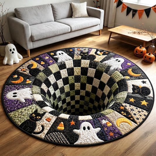 3D Ghost Optical Illusion Round Rug Halloween Vortex Floor Mat Cute Spooky Black Cat Bottomless Pit Carpet Creepy Checkered Home Decor