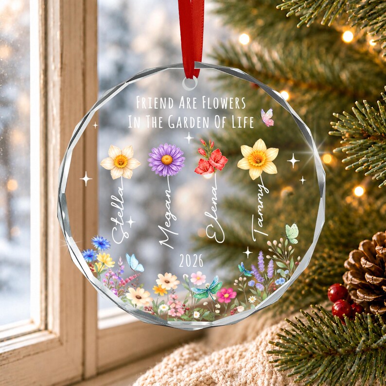 Personalized Friend Glass Ornament, Wildflower Friendship Keepsake