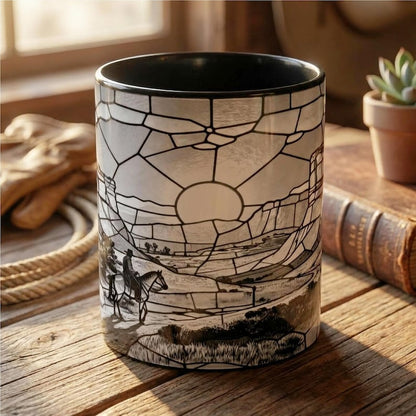 Western Sunset Mug, Cowboy Stained Glass Mug, Rustic Desert Coffee Mug, Southwestern Horse Rider Gift, Monochrome Landscape Mug