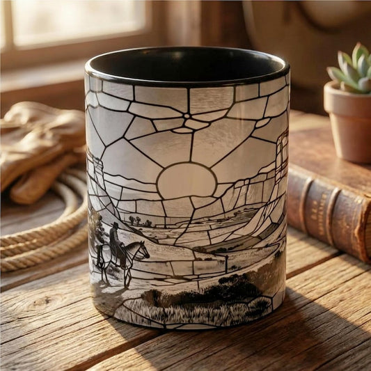 Western Sunset Mug, Cowboy Stained Glass Mug, Rustic Desert Coffee Mug, Southwestern Horse Rider Gift, Monochrome Landscape Mug