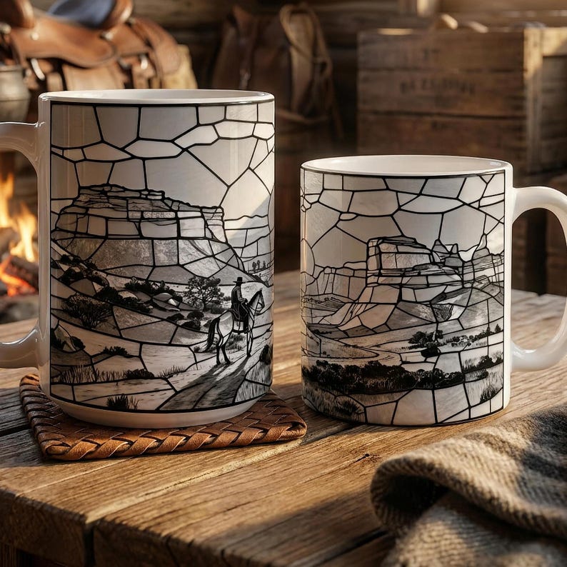Western Sunset Mug, Cowboy Stained Glass Mug, Rustic Desert Coffee Mug, Southwestern Horse Rider Gift, Monochrome Landscape Mug