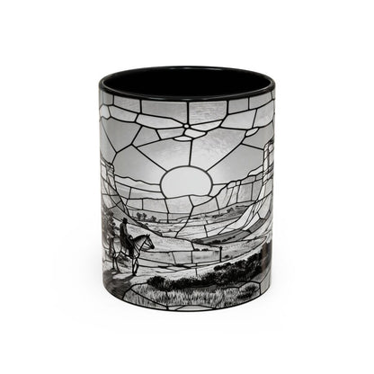 Western Sunset Mug, Cowboy Stained Glass Mug, Rustic Desert Coffee Mug, Southwestern Horse Rider Gift, Monochrome Landscape Mug
