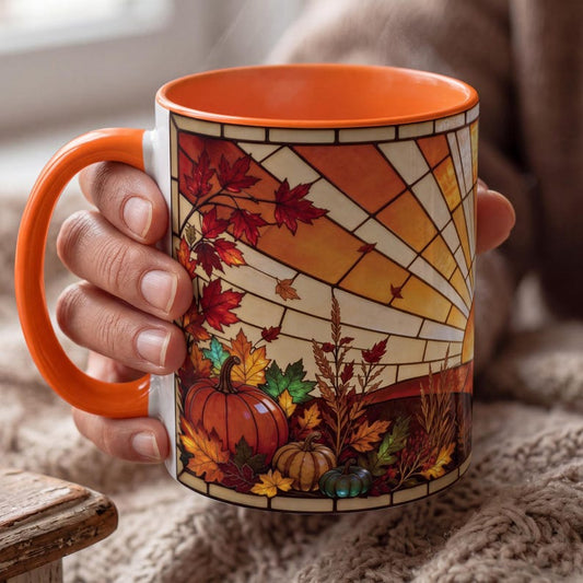 Stained Glass Sunrise Mug, Fall Pumpkin Coffee Mug, Autumn Sunflower Mug, Cozy Fall Accent Mug, Thanksgiving Gift Mug