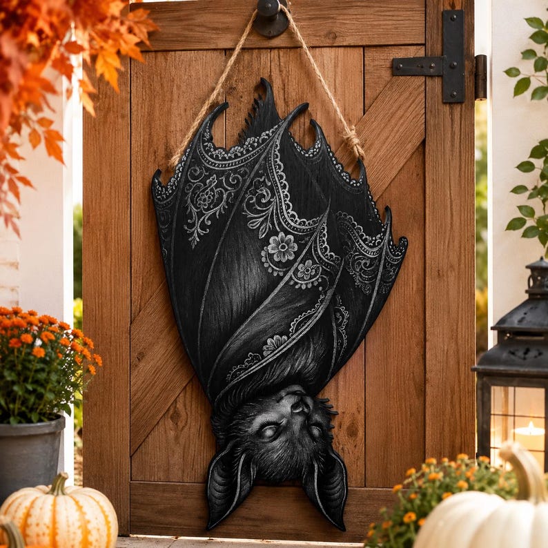 Gothic Bat Wooden Sign, Halloween Door Hanger, Spooky Bat Porch Decor, Dark Witchy Wall Art, Haunted Home Gift, Halloween Decor