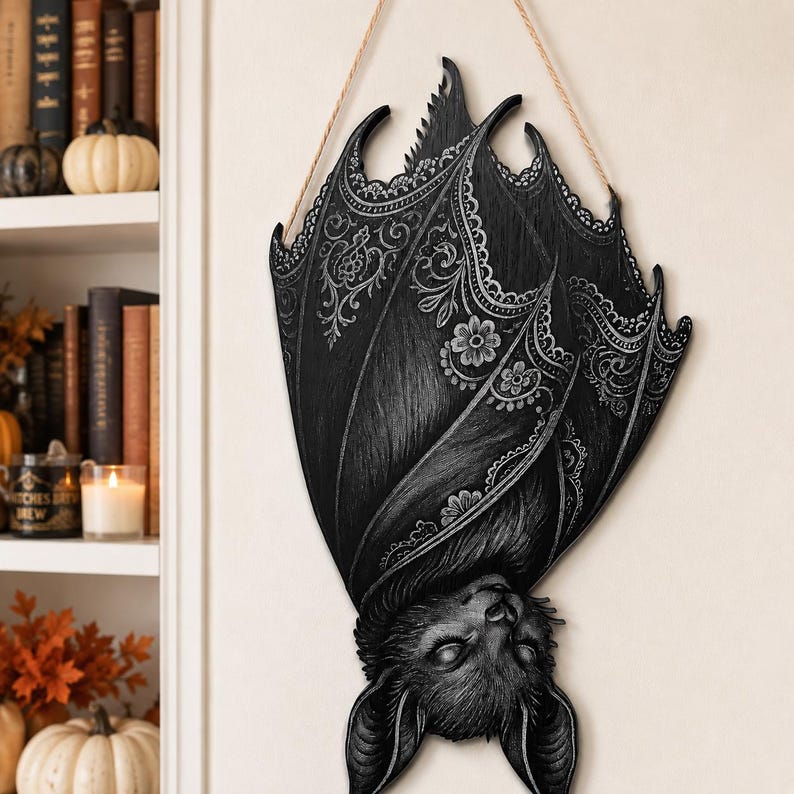 Gothic Bat Wooden Sign, Halloween Door Hanger, Spooky Bat Porch Decor, Dark Witchy Wall Art, Haunted Home Gift, Halloween Decor