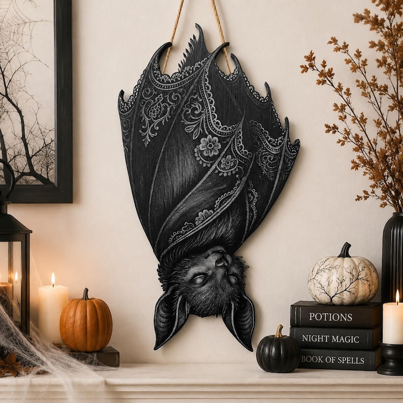 Gothic Bat Wooden Sign, Halloween Door Hanger, Spooky Bat Porch Decor, Dark Witchy Wall Art, Haunted Home Gift, Halloween Decor