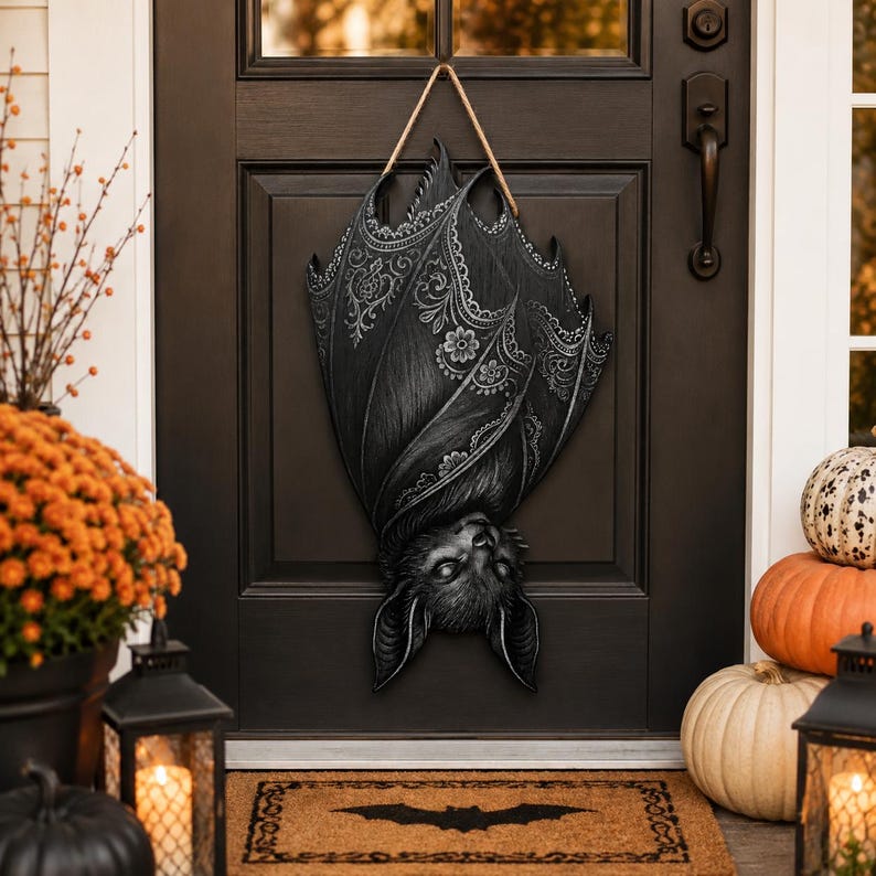 Gothic Bat Wooden Sign, Halloween Door Hanger, Spooky Bat Porch Decor, Dark Witchy Wall Art, Haunted Home Gift, Halloween Decor