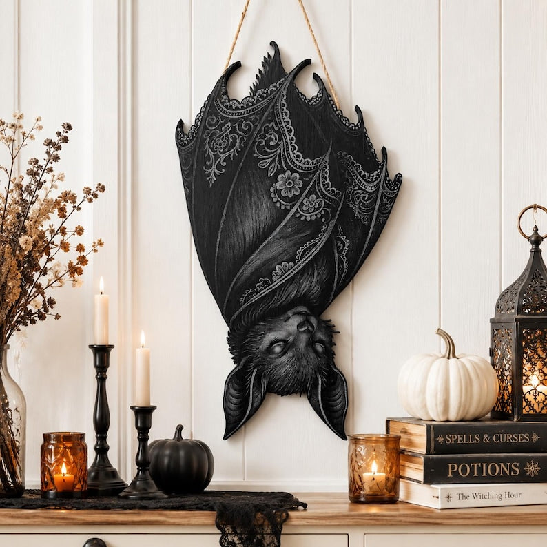 Gothic Bat Wooden Sign, Halloween Door Hanger, Spooky Bat Porch Decor, Dark Witchy Wall Art, Haunted Home Gift, Halloween Decor