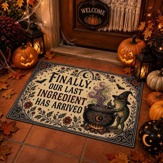 Halloween Frog Doormat, Witch Cauldron Illustration with Gothic Floral Border