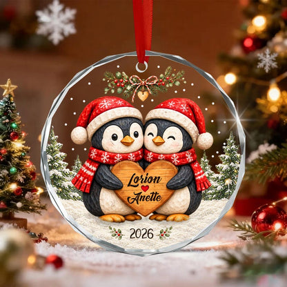 Personalized Christmas Together Keepsake, Custom Penguin Couple Name Circle Glass Ornament