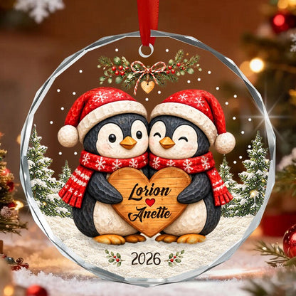 Personalized Christmas Together Keepsake, Custom Penguin Couple Name Circle Glass Ornament