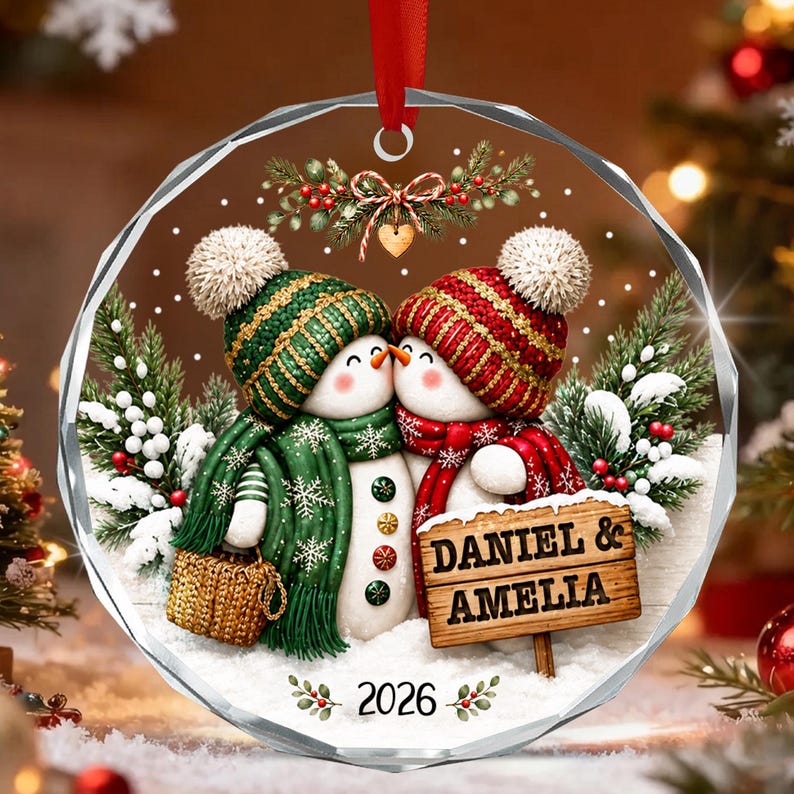 Personalized Couple Christmas Glass Ornament, Snowman Kissing Keepsake