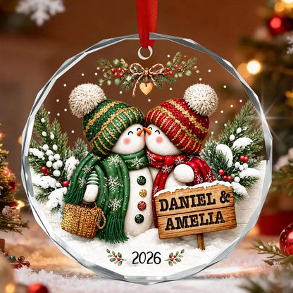 Personalized Couple Christmas Glass Ornament, Snowman Kissing Keepsake