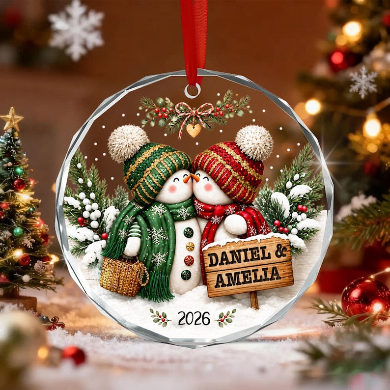 Personalized Couple Christmas Glass Ornament, Snowman Kissing Keepsake