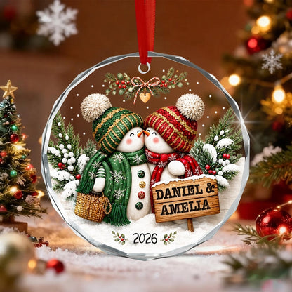 Personalized Couple Christmas Glass Ornament, Snowman Kissing Keepsake