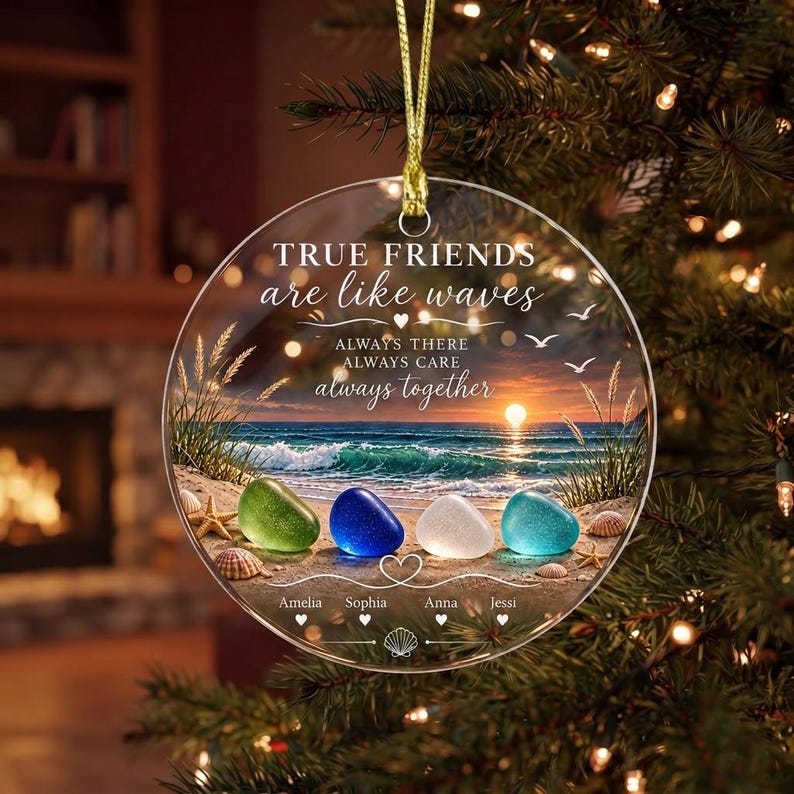 Personalized Best Friend Ornament, Custom Friendship Christmas Ornament, Beach Sea Glass Keepsake, Bestie Gift, Friends Christmas Gif