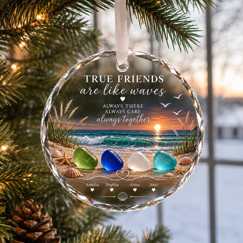 Personalized Best Friend Ornament, Custom Friendship Christmas Ornament, Beach Sea Glass Keepsake, Bestie Gift, Friends Christmas Gif
