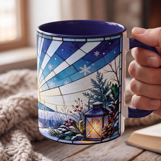 Stained Glass Winter Mug, Snowy Sunrise Coffee Mug, Holiday Lantern Mug, Cozy Winter Accent Mug, Christmas Snowflake Coffee Mug