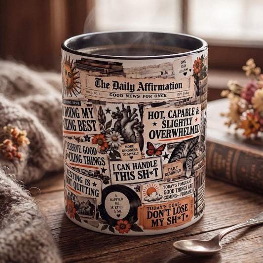 Personalized Daily Affirmation Mug, Custom Name Collage Mug, Funny Positive Vibes Mug, Vintage Newspaper Mug, Motivational Gift for Her